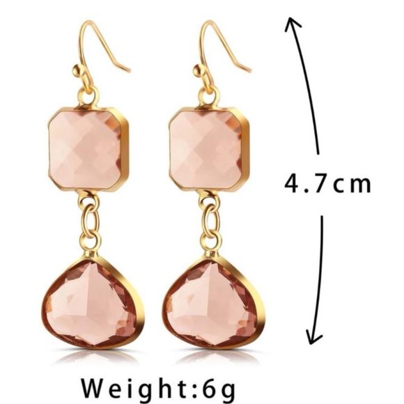 Pink Crystal & Goldtone Square Triangle Drop Earrings - Picture 4 of 5